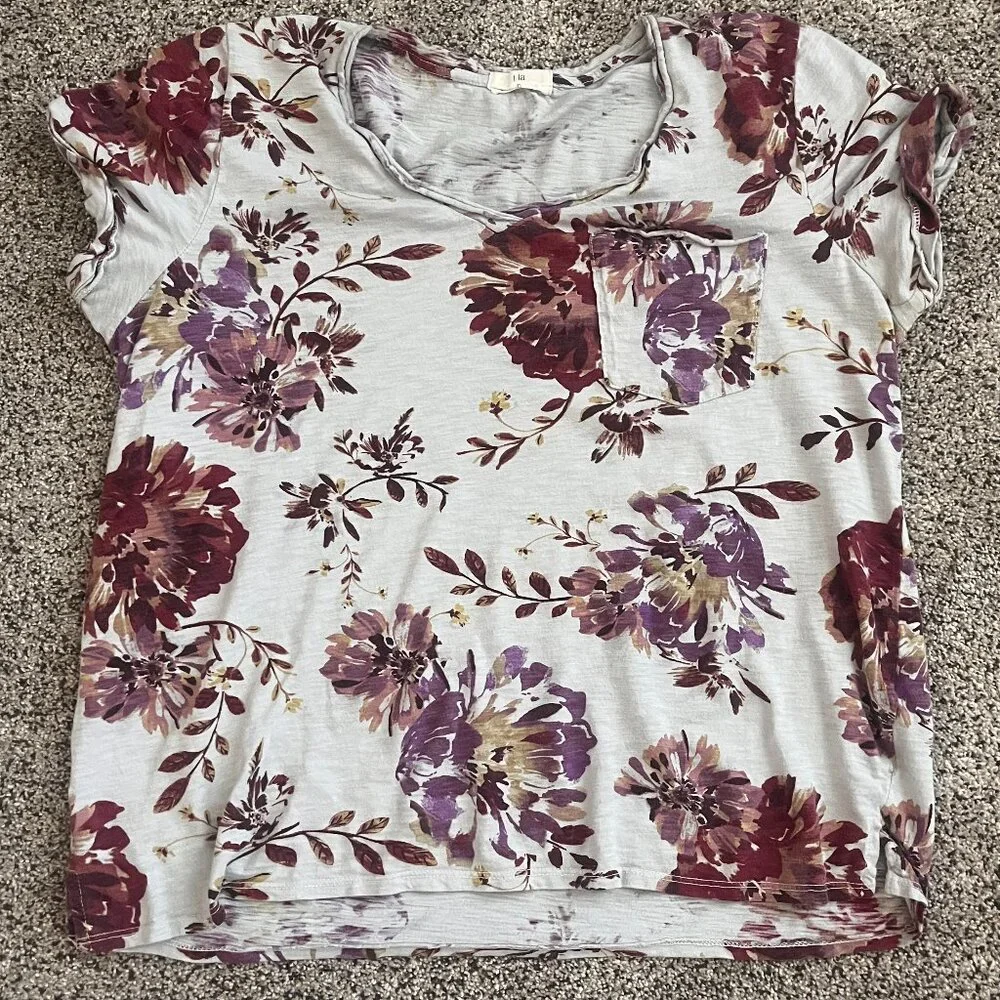 Anthropologie t.la burgandy floral v-neck tee shirt sz Large - Picture 1 of 9